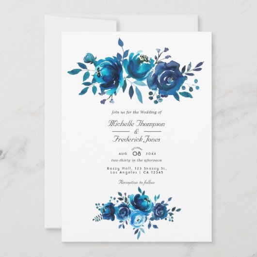 ネイビーとホワイトのフローラQRコードRSVP庭園の結婚式 招待状 (正面)