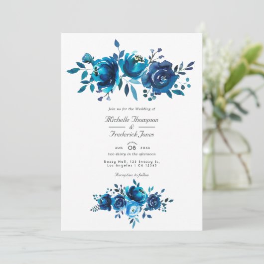 ネイビーとホワイトのフローラQRコードRSVP庭園の結婚式 招待状