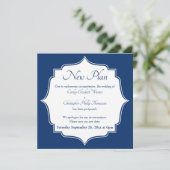 ネイビーとホワイトの新しい日付延期結婚式のお知らせ 招待状 (スタンド正面)