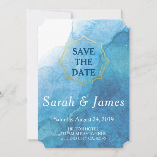 ネイビーとホワイトの水彩画ビーチウェディング セーブザデート (正面)