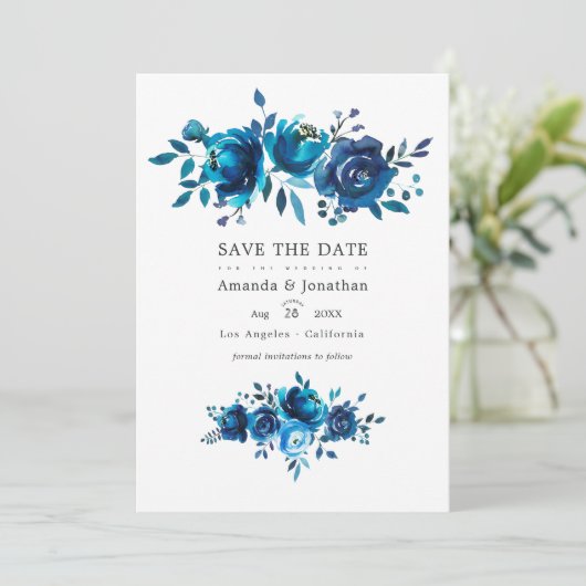 ネイビーとホワイトの水彩花の結婚式写真 セーブザデート (スタンド正面)