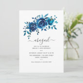 ネイビーとホワイトの水彩花の誕生日 招待状 (スタンド正面)