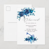 ネイビーとホワイトの水彩花柄 新しい住所 案内ポストカード (正面/裏面)