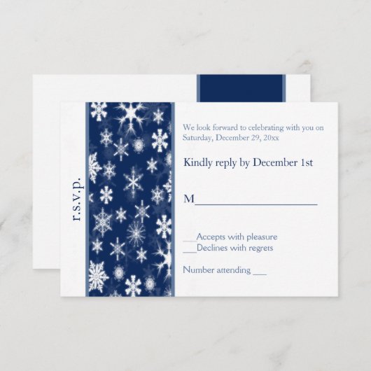 ネイビーとホワイトの雪の結晶 ウェディング返信カード 出欠カード (正面/裏面)