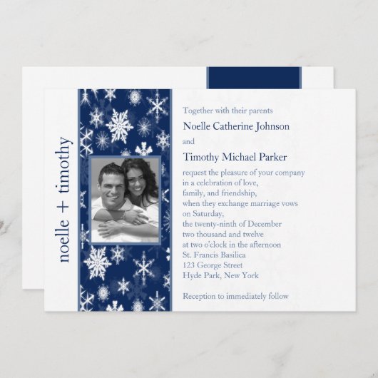 ネイビーとホワイトの雪片フォト結婚式招待状 招待状 (正面/裏面)