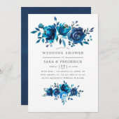 ネイビーとホワイトウォーターのカラーフローラウェディングシャワー 招待状 (正面/裏面)
