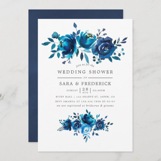 ネイビーとホワイトウォーターのカラーフローラウェディングシャワー 招待状 (正面/裏面)