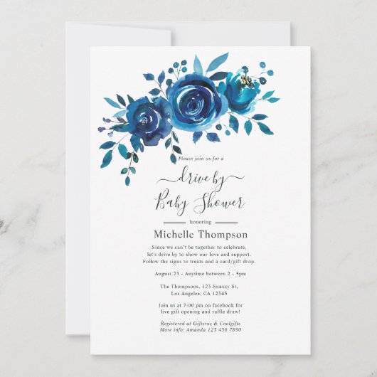 ネイビーとホワイトウォーターのカラーフローラドライブ(シャワー付) 招待状 (正面)