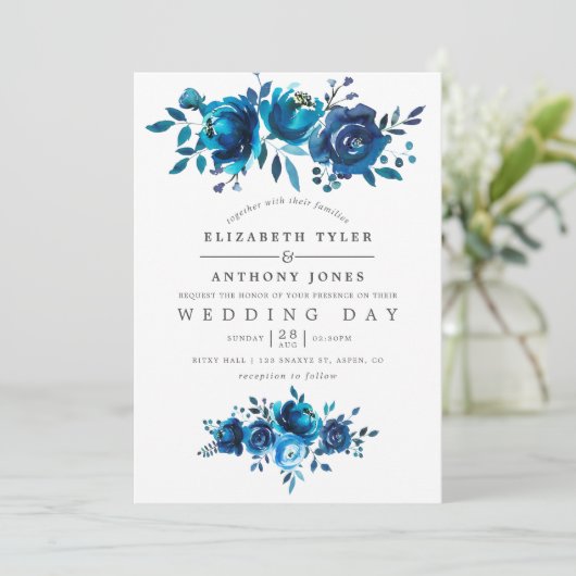 ネイビーとホワイトウォーターのカラーフローラ結婚ズ 招待状 (スタンド正面)