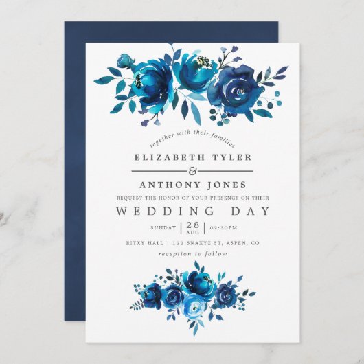 ネイビーとホワイトウォーターのカラーフローラ結婚ズ 招待状 (正面/裏面)