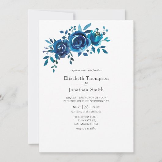 ネイビーとホワイトウォーターのカラーフローラ結婚ズ 招待状 (正面)