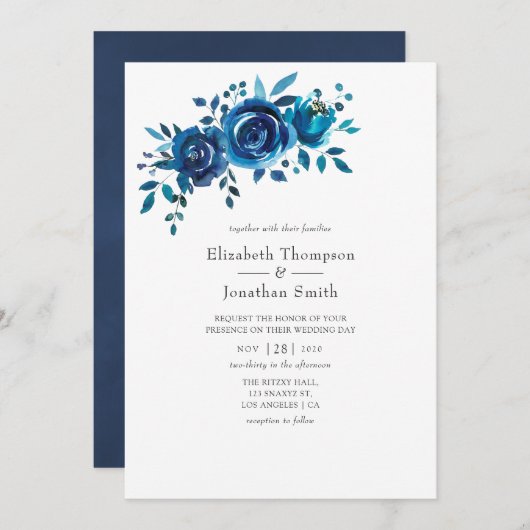 ネイビーとホワイトウォーターのカラーフローラ結婚ズ 招待状 (正面/裏面)