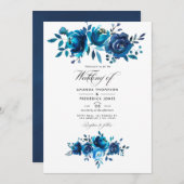 ネイビーとホワイトウォーターのカラーフローラ結婚ズ 招待状 (正面/裏面)