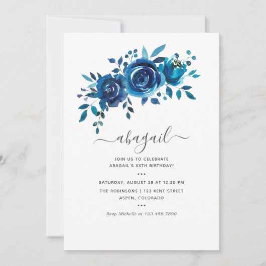 ネイビーとホワイトウォーターのカラーフローラ誕生日 招待状 (正面)