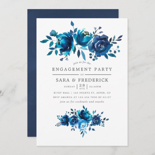 ネイビーとホワイトウォーターのカラー婚約パーティ招待状 招待状 (正面/裏面)