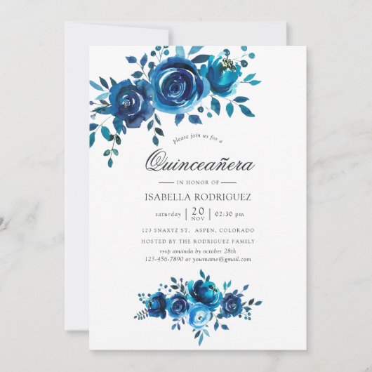 ネイビーとホワイトウォーターの色のフローラクインセアニラ 招待状 (正面)