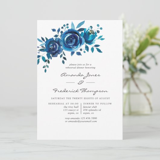 ネイビーとホワイトウォーターの色のフローラリハーサルディナー 招待状 (スタンド正面)