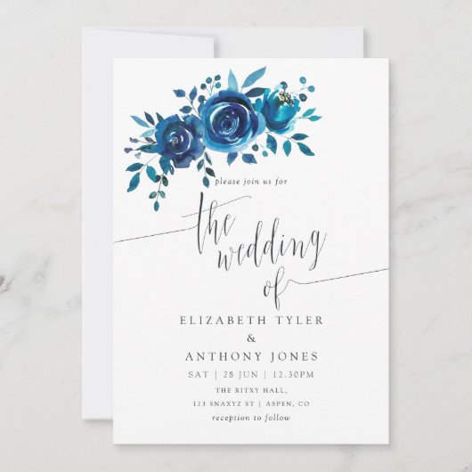 ネイビーとホワイトウォーターの色のフローラ結婚式の招待 招待状 (正面)