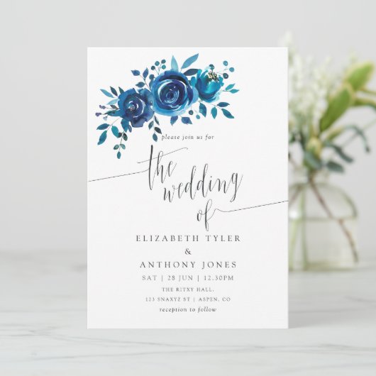 ネイビーとホワイトウォーターの色のフローラ結婚式の招待 招待状 (スタンド正面)