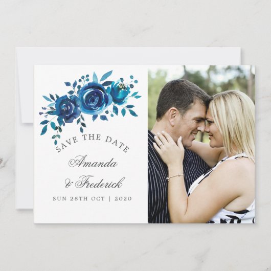 ネイビーとホワイトウォーターの色の結婚式の日付を保存 セーブザデート (正面)