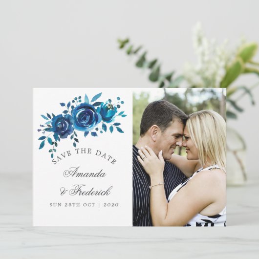 ネイビーとホワイトウォーターの色の結婚式の日付を保存 セーブザデート (スタンド正面)