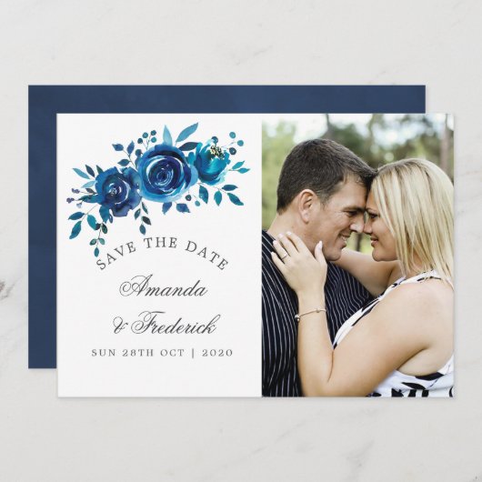 ネイビーとホワイトウォーターの色の結婚式の日付を保存 セーブザデート (正面/裏面)