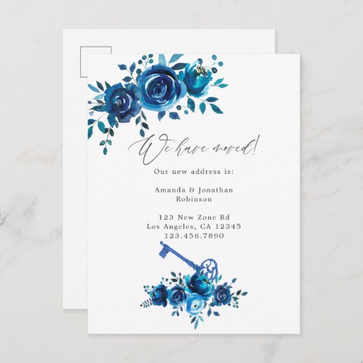 ネイビーとホワイトウォーターの色フローラの新しい住所 案内ポストカード (正面/裏面)