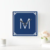 ネイビーとホワイトギリシャの鍵モノグラム スクエア壁時計 (ホーム)