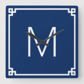 ネイビーとホワイトギリシャの鍵モノグラム スクエア壁時計 (正面)