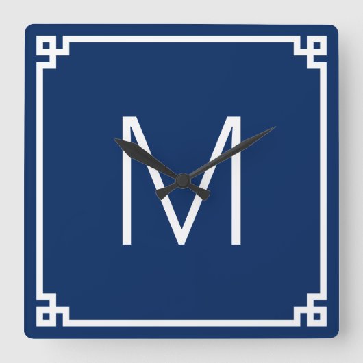 ネイビーとホワイトギリシャの鍵モノグラム スクエア壁時計 (正面)