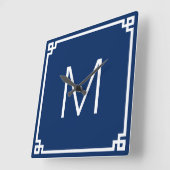 ネイビーとホワイトギリシャの鍵モノグラム スクエア壁時計 (傾斜)