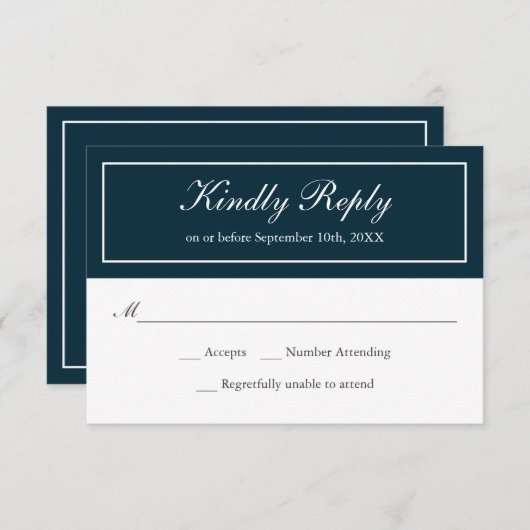 ネイビーとホワイトクラシックシンプルエレガントウェディングRSVP 出欠カード (正面/裏面)