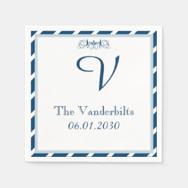 ネイビーとホワイトストライプのモノグラム結婚のナプキン スタンダードカクテルナプキン