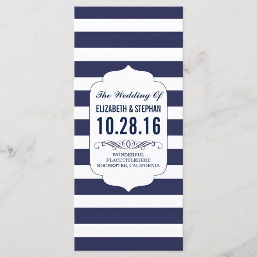 ネイビーとホワイトストライプズのシックな結婚式プログラム プログラム (正面)