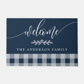 ネイビーとホワイトバッファローチェックへようこそパーソナライズされた ドアマット (正面)