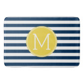 ネイビーとホワイトパタストライプのーンのイエローモノグラム バスマット (正面)