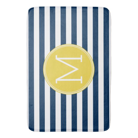 ネイビーとホワイトパタストライプのーンのイエローモノグラム バスマット (正面縦)