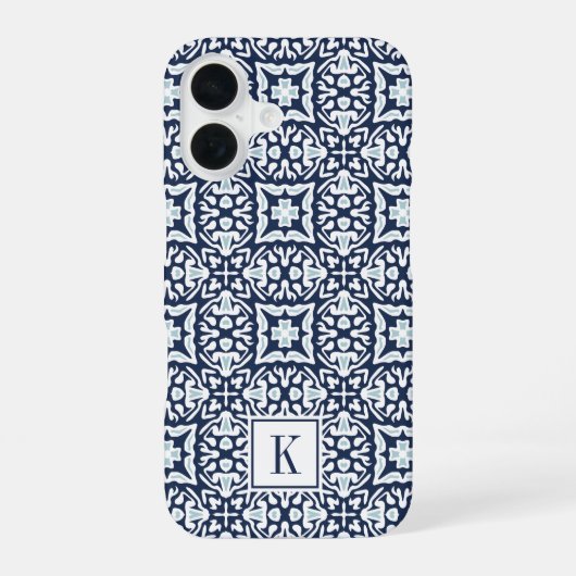 ネイビーとホワイトパタ地中海のーンのモノグラム iPhone 16ケース (裏面)