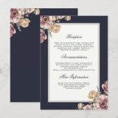 ネイビーとマウヴのフローラ結婚ズ・インフォメーション・ゲスト エンクロージャーカード (正面/裏面)