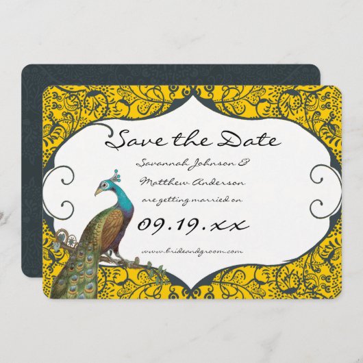 ネイビーとマスタードのピーコックラブバード　セーブ・ザ・デート 招待状 (正面/裏面)