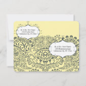 ネイビーとマスタードの孔雀の愛の鳥の日付を保存 招待状 (裏面)