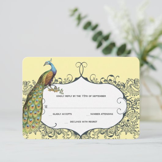 ネイビーとマスタードの孔雀の愛の鳥パター結婚ンの 出欠カード (スタンド正面)