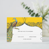 ネイビーとマスタードの孔雀の愛の鳥パター結婚ンの 出欠カード (スタンド正面)