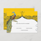ネイビーとマスタードの孔雀の愛の鳥パター結婚ンの 出欠カード (正面/裏面)
