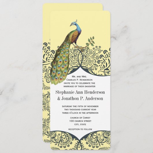 ネイビーとマスタードの孔雀の愛の鳥パター結婚ンの 招待状 (正面/裏面)