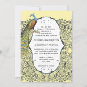 ネイビーとマスタードの孔雀の愛の鳥パター結婚ンの 招待状 (正面)