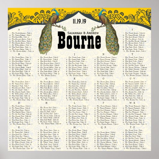 ネイビーとマスタードピーコックの愛の鳥のシーティングチャート ポスター (正面)