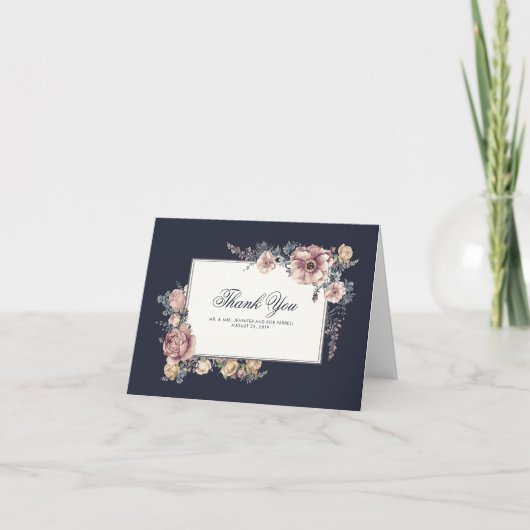 ネイビーとマーブルの花柄エレガントな結婚式のお礼 サンキューカード (正面)