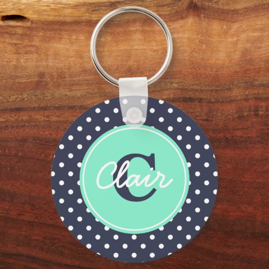 ネイビーとミントのドット、イニシャル、および名前 キーホルダー (正面)