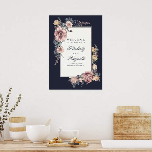 ネイビーとメイヴのフローラヴィンテージウェディングウェルカムサイン ポスター (キッチン)